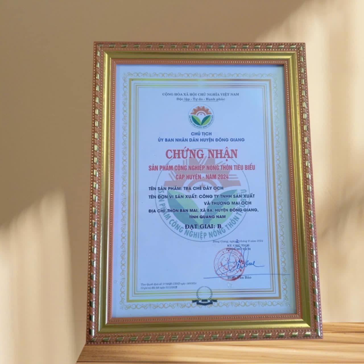 giấy chứng nhận trà chè dây OCH an toàn