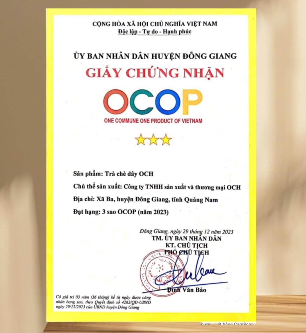 Giấy chứng nhận trà chè dây an toàn